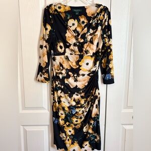 Ralph Lauren Black Floral Faux-Wrap Long Sleeve Dress